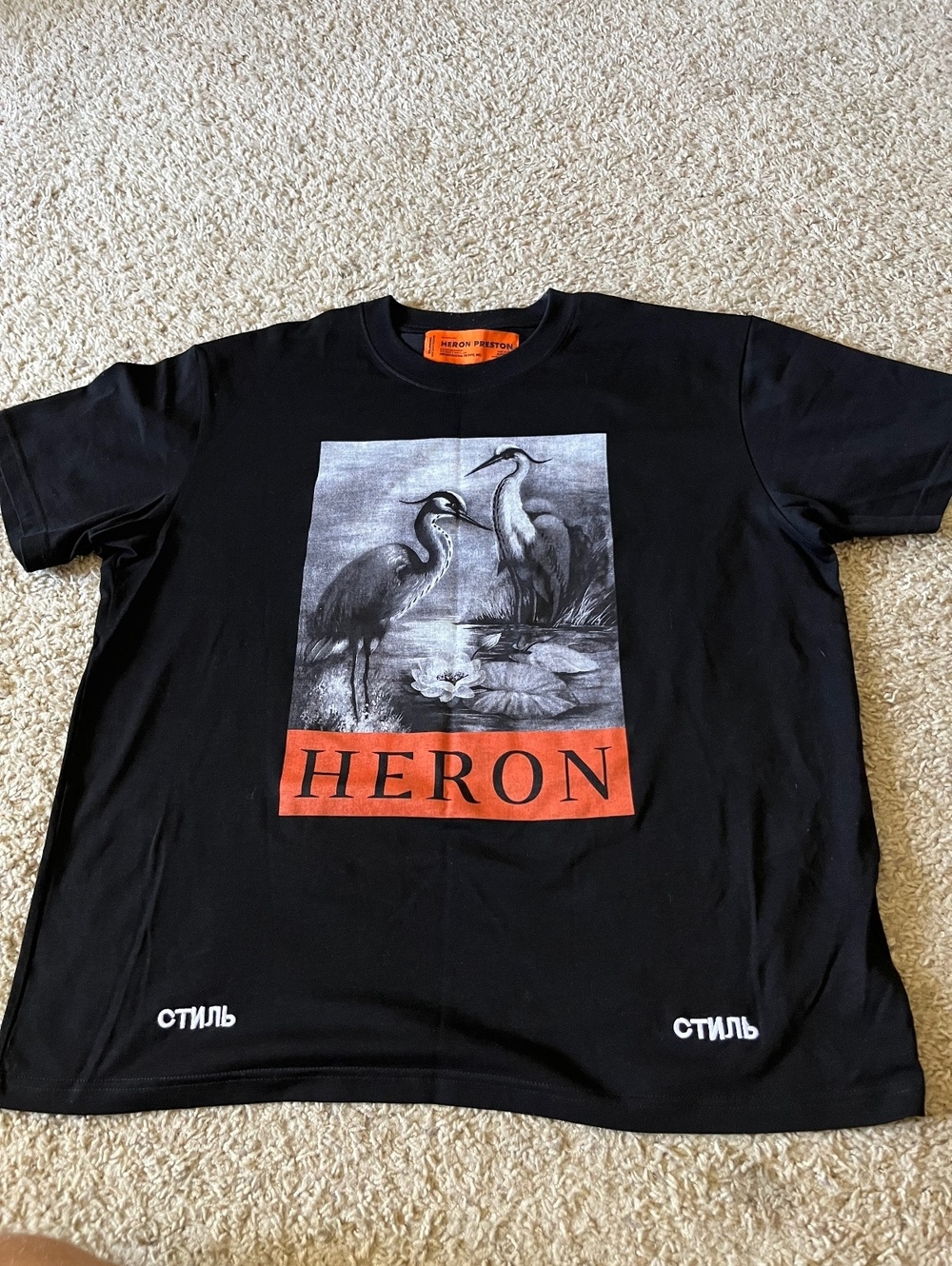 Heron Preston Black Graphic T-Shirt with Heron Print and Cyrillic Text